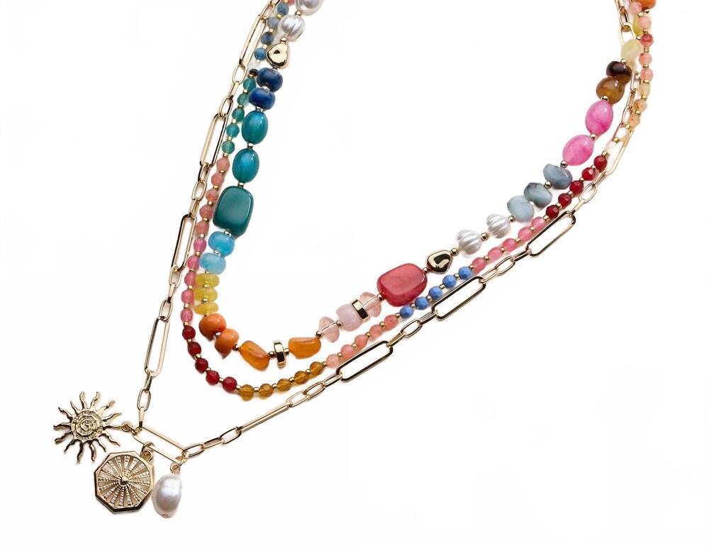 NEW FREM women's sun charm layered beaded necklace in multi-color
